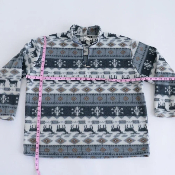 Vintage Trend Basics Grey & Cream Reindeer  Fleece Quarter Zip Sweater M - Picture 4 of 12